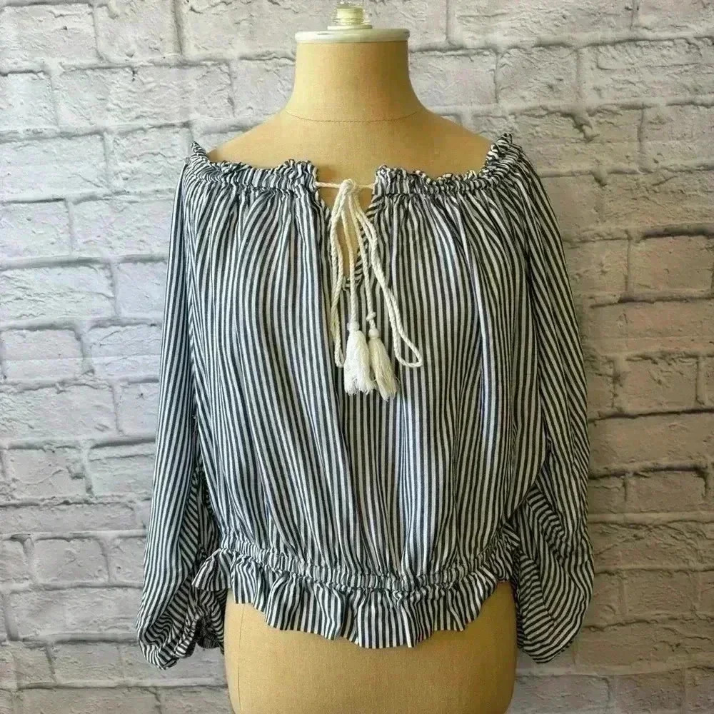 Matty M Off Shoulder Blue & White Pin Stripe Blouse w/ Keyhole Tie Women Large